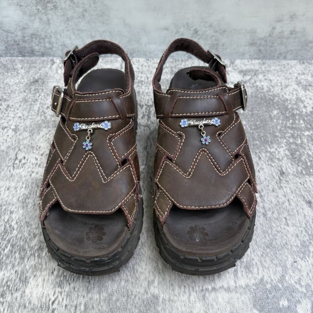VTG Skechers Platform Sandals Youth Sz 2 Brown Leather Flower Charm Kids 86250L